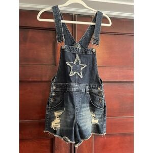 Blackheart Denim Overalls Shorts Womens Sz 0 Distressed Star On Chest Festival